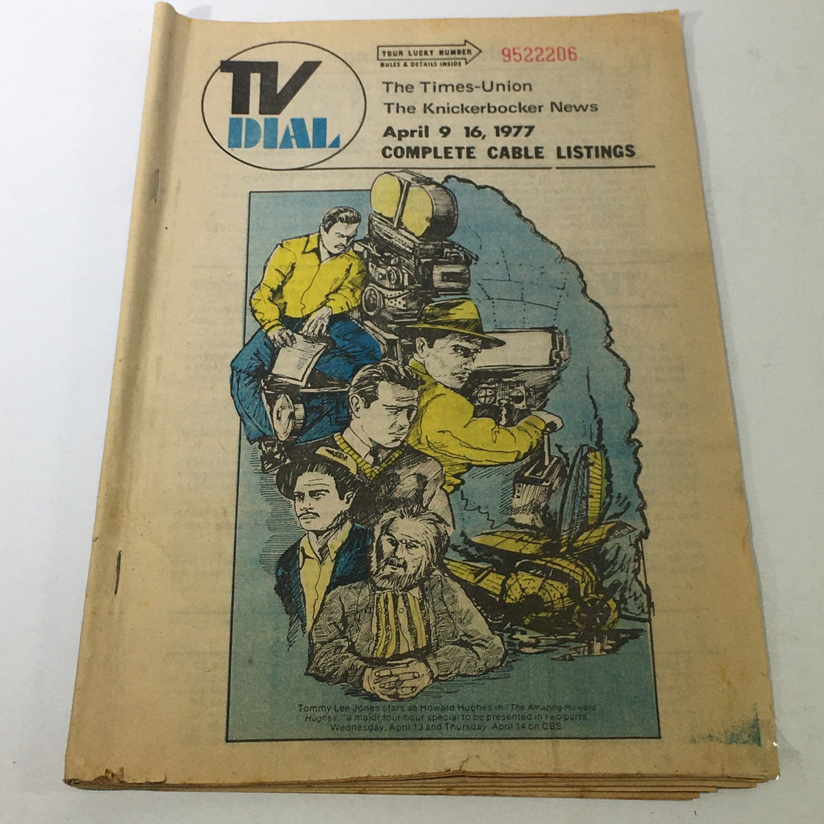 VTG TV Dial The Knickerbocker News April 9-16 1977 Complete Cable Listings featuring a colorful illustration and detailed cable listings for vintage television programming.