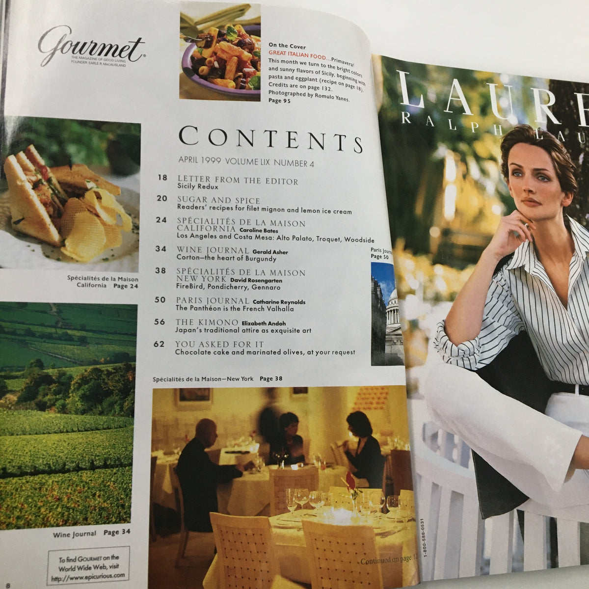 Gourmet Magazine April 1999 issue showcasing the contents page, highlighting features such as Italian food, recipes, and articles including 'Sugar and Spice' and 'Specialités de La Maison'.