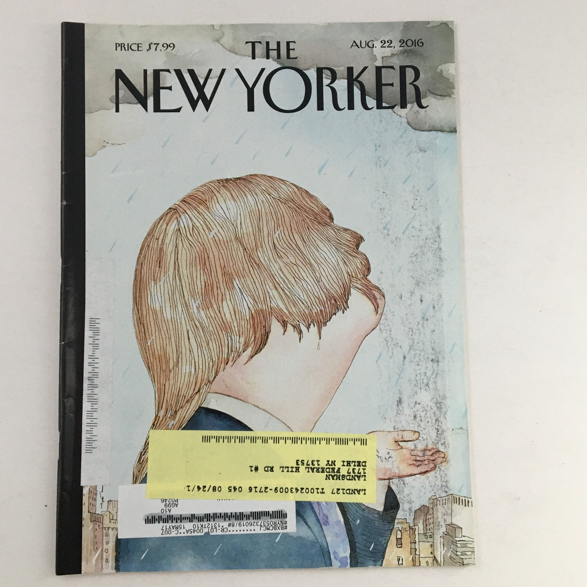 The New Yorker Full Magazine August 22 2016 featuring a cover illustration by Barry Blitt, depicting a figure with wet hair against a rainy background, showcasing satirical art related to Donald Trump.