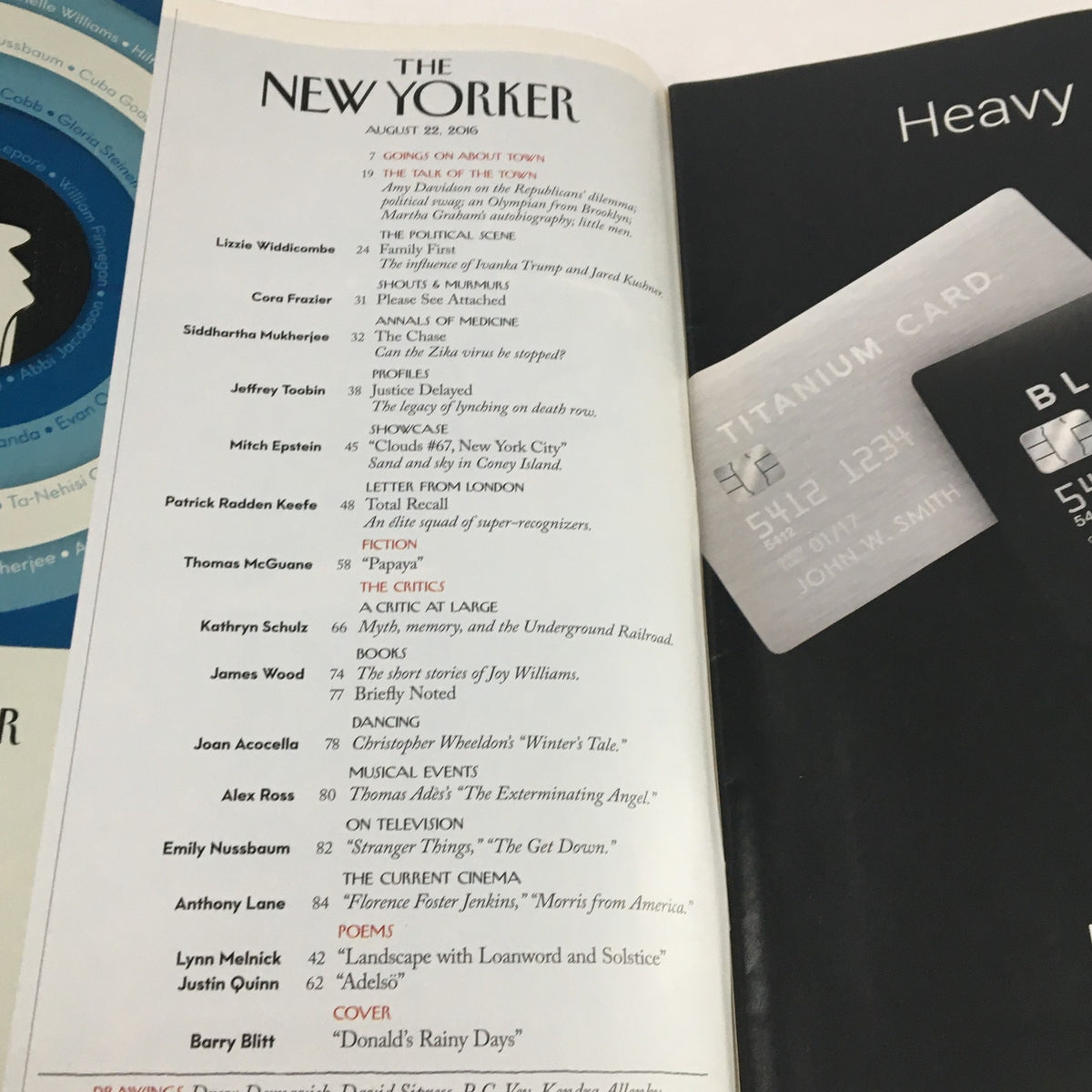 Interior page of The New Yorker Full Magazine August 22 2016, displaying the table of contents with featured articles and contributors, including a piece by Barry Blitt titled 'Donald's Rainy Days'.