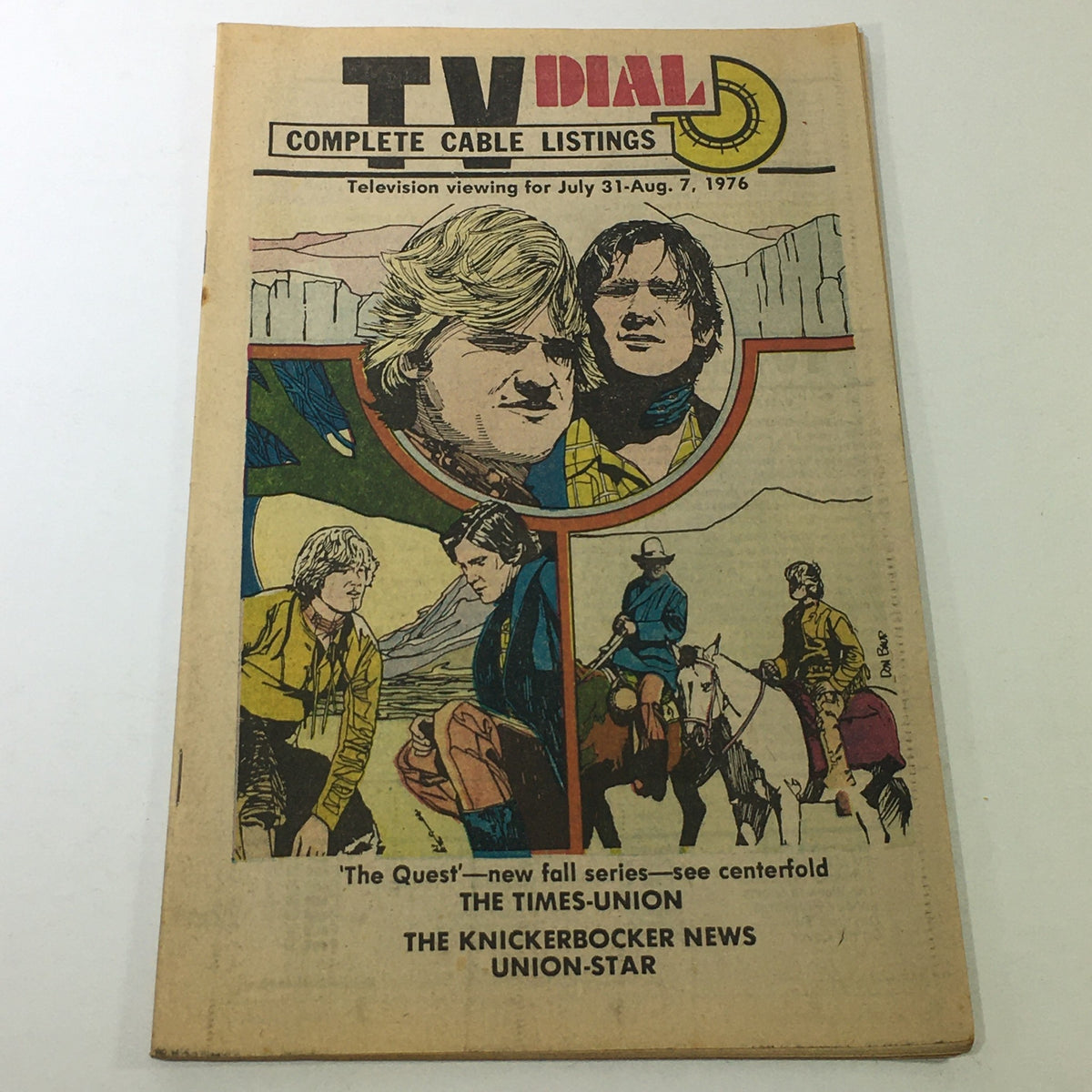 VTG TV Dial Complete Cable Listings from July 31-August 7, 1976 featuring the series 'The Quest' with colorful illustrations and vintage TV guide design.