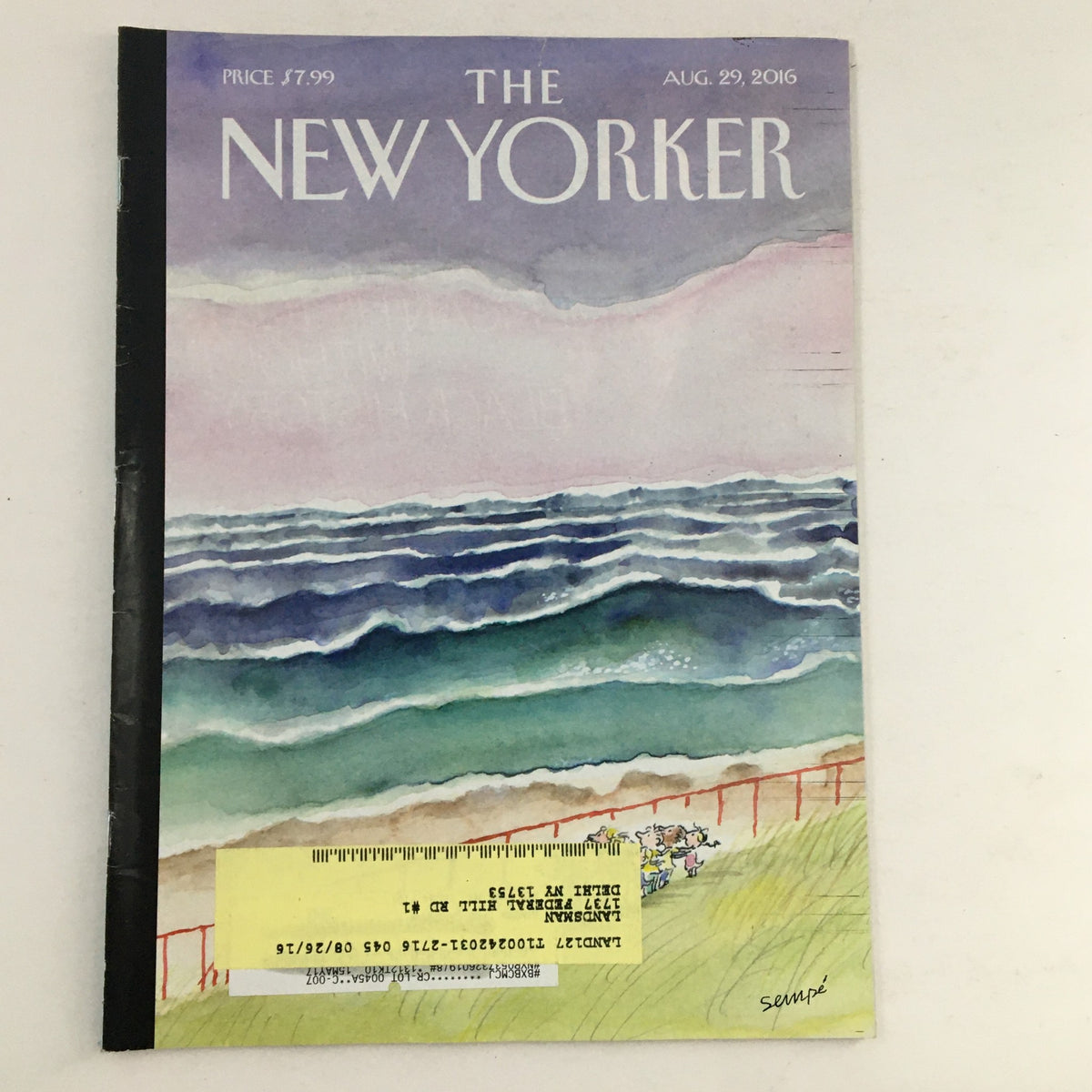 Cover of The New Yorker August 29, 2016 featuring a watercolor illustration of ocean waves and a beach scene by Jean-Jacques Sempé.