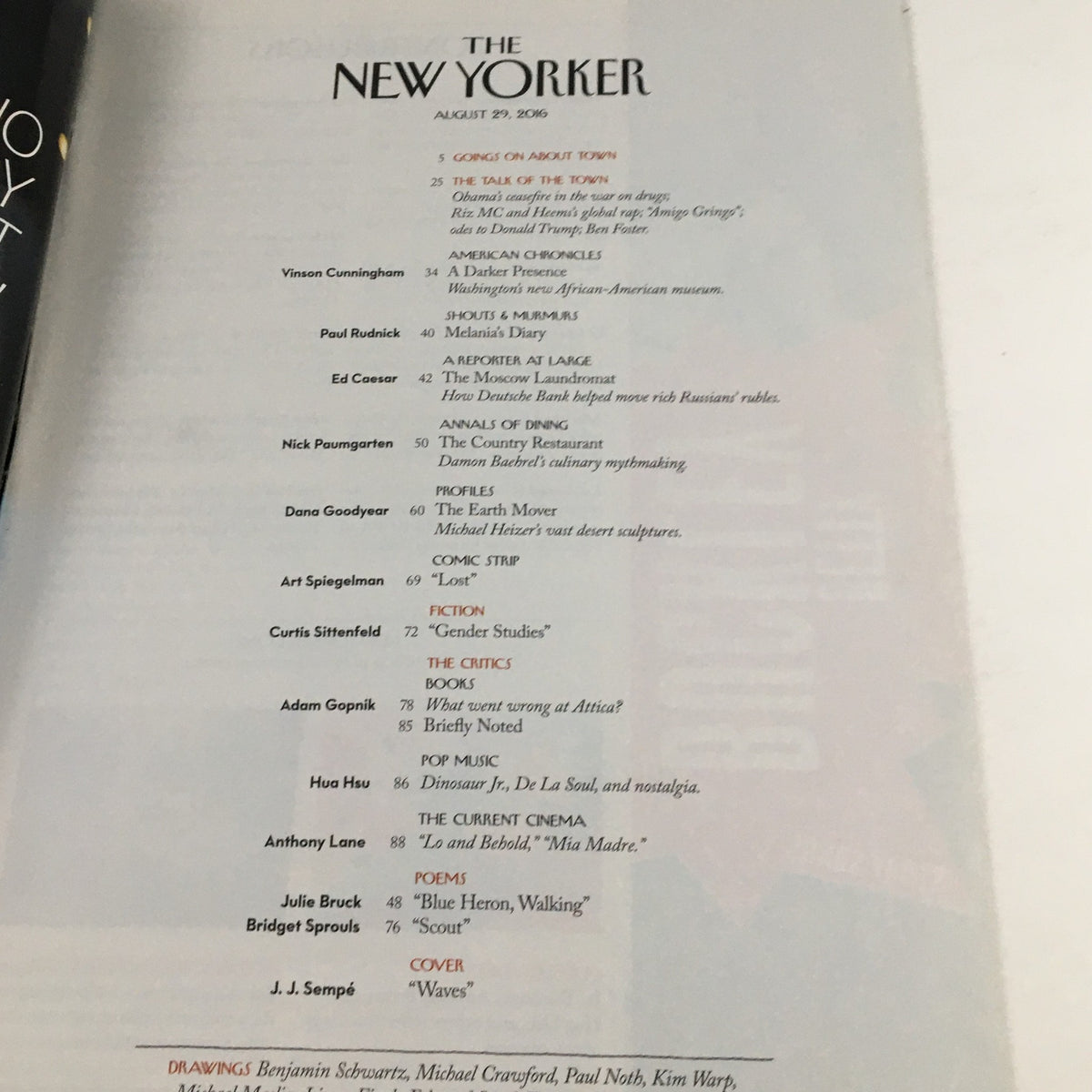 Table of contents from The New Yorker August 29, 2016, listing feature articles, poems, and the cover illustration titled 'Waves' by Jean-Jacques Sempé.