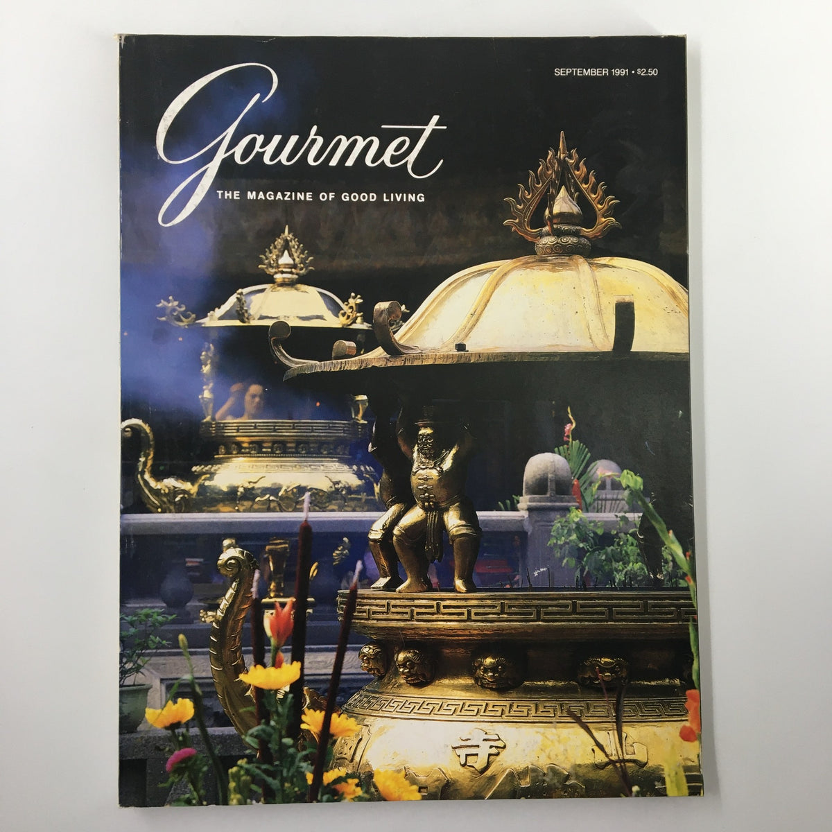 Cover of Gourmet Magazine September 1991 featuring a striking image of intricate brass lanterns, representing dining culture. The title reads 'Gourmet: The Magazine of Good Living.'