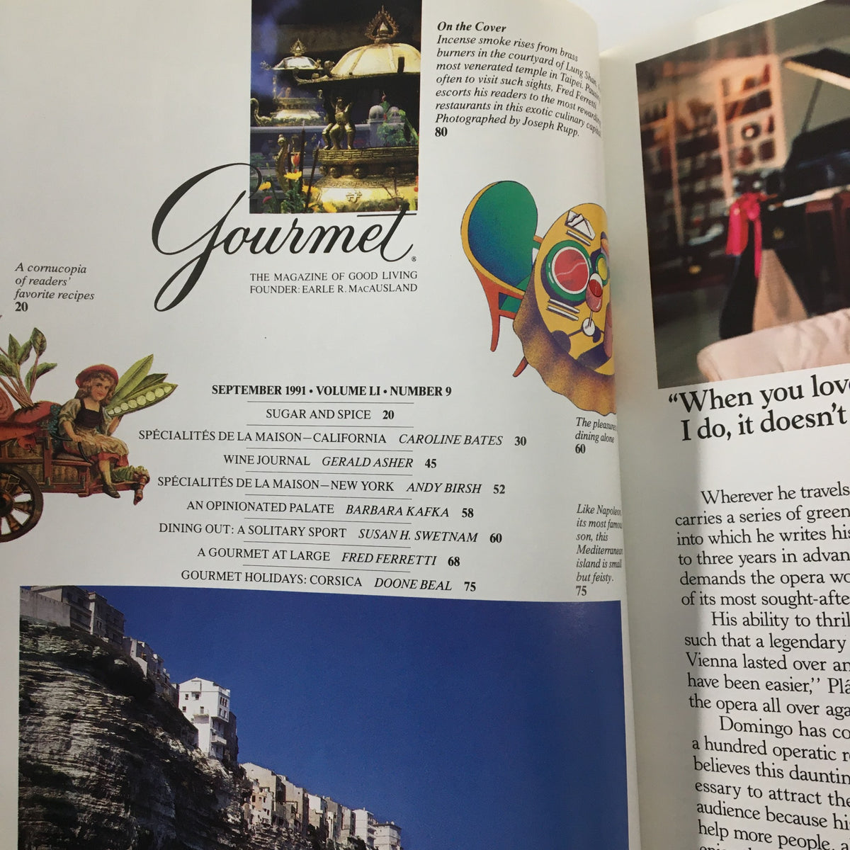 Inside page of Gourmet Magazine September 1991 showcasing the table of contents with highlights like 'Dining Out: A Solitary Sport' and other culinary articles.