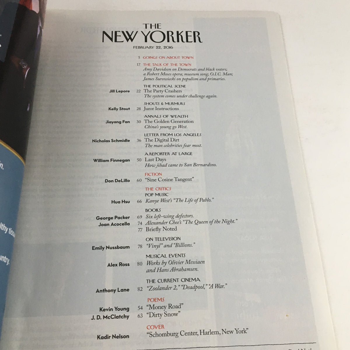 Contents page of The New Yorker February 22, 2016 magazine detailing article titles and contributors, illustrating the literary contributions of this vintage issue.