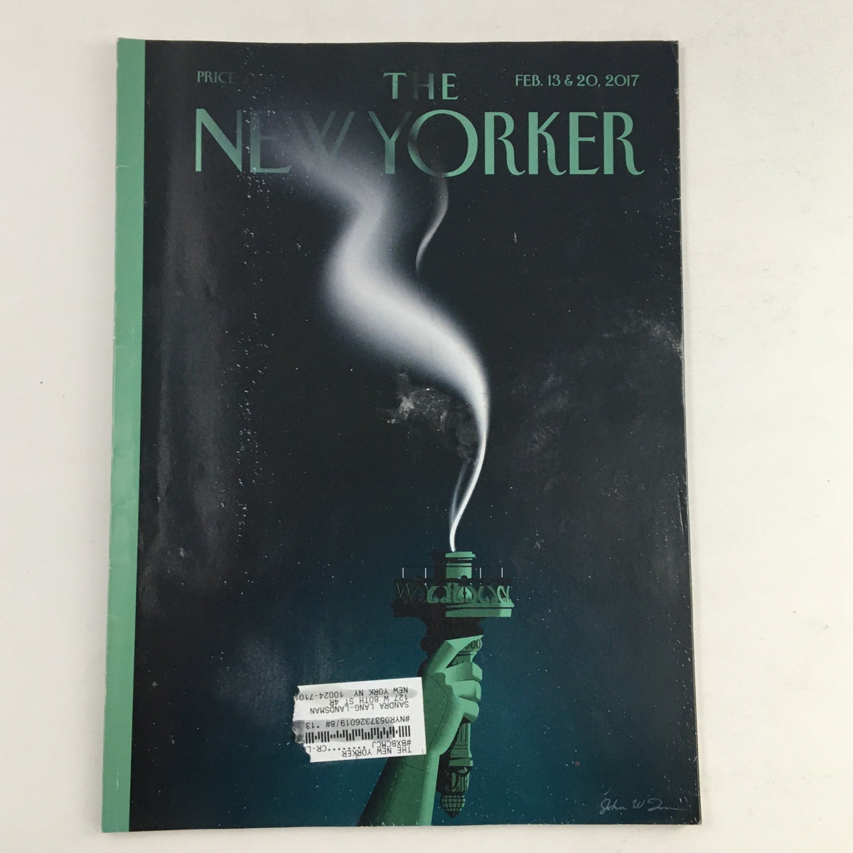 Cover of The New Yorker Full Magazine February 13, 2017 featuring 'Lady Liberty' illustration by John W. Tomac, showcasing the Statue of Liberty with smoke rising politically.