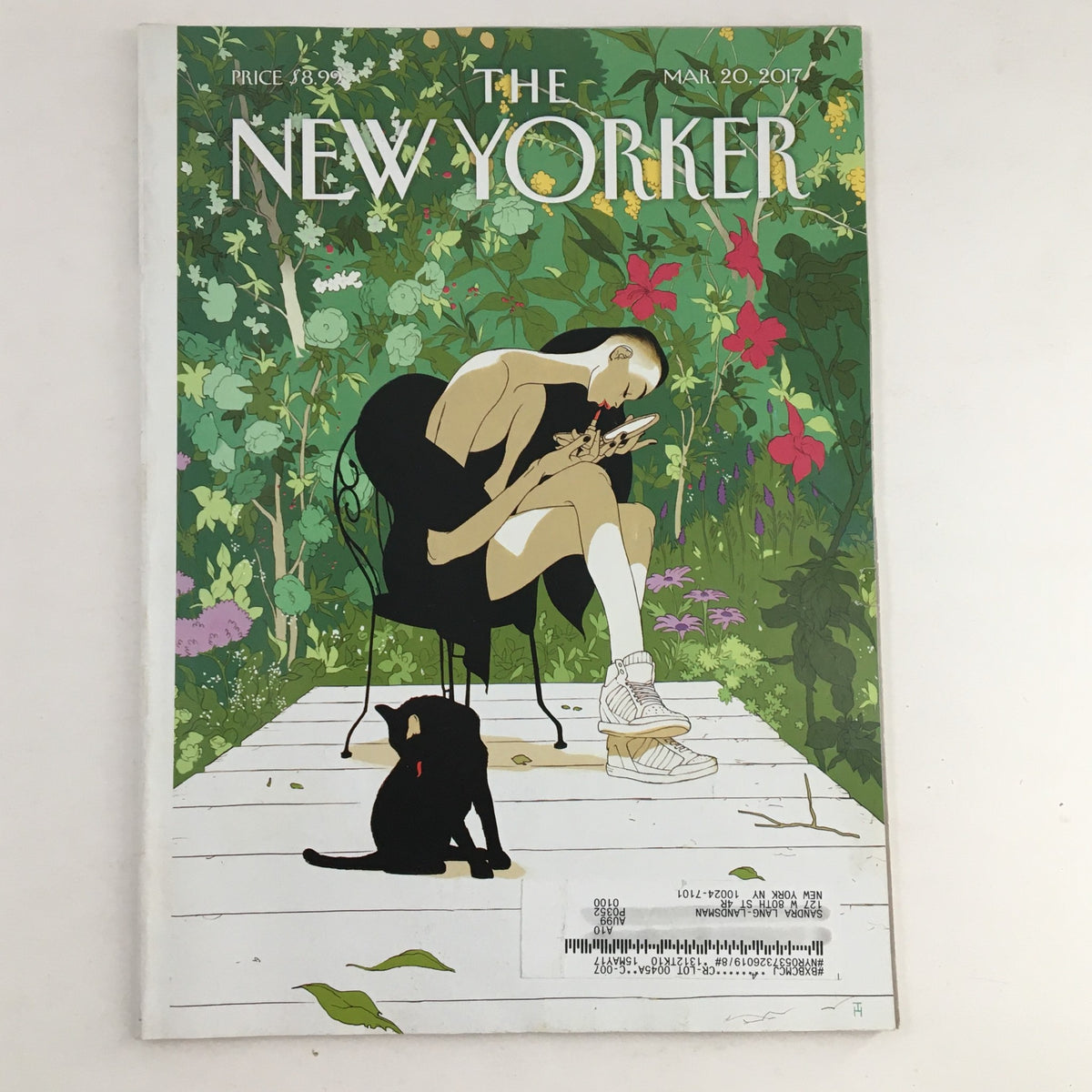 The New Yorker Full Magazine March 20 2017 featuring the vibrant cover art 'Spring Awakening' by Tomer Hanuka, depicting a woman sitting serenely amidst floral surroundings with a cat, showcasing contemporary illustration and vintage magazine appeal.