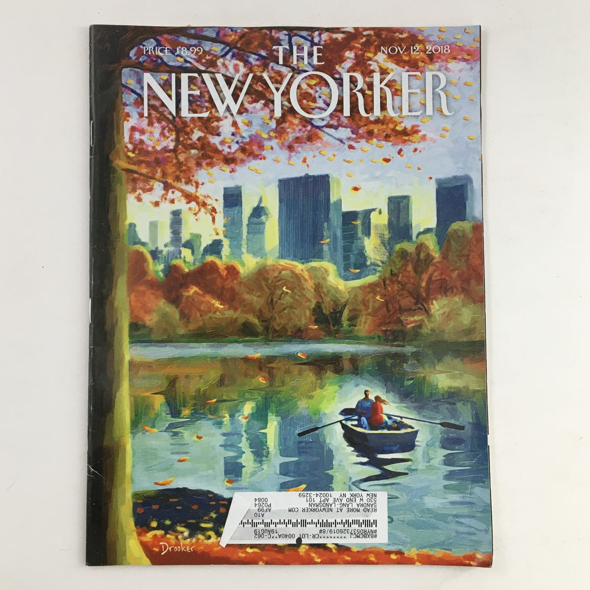 The New Yorker Full Magazine November 12 2018, featuring the cover illustration 'Central Park Row' by Eric Drooker, showcasing autumn foliage and a serene scene on the water with a couple in a boat.