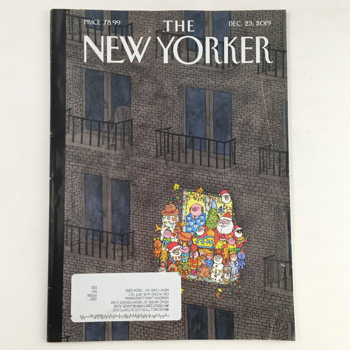 Cover of The New Yorker magazine dated December 23, 2019, featuring the artwork 'Decking the Deck' by Edward Steed, showcasing a festive winter scene with cartoon characters celebrating the holiday in a decorated window.