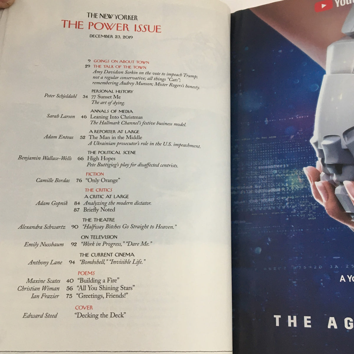 Table of contents from The New Yorker Full Magazine December 23 2019 featuring 'Decking the Deck' by Edward Steed, highlighting articles on culture, theater, and current events.