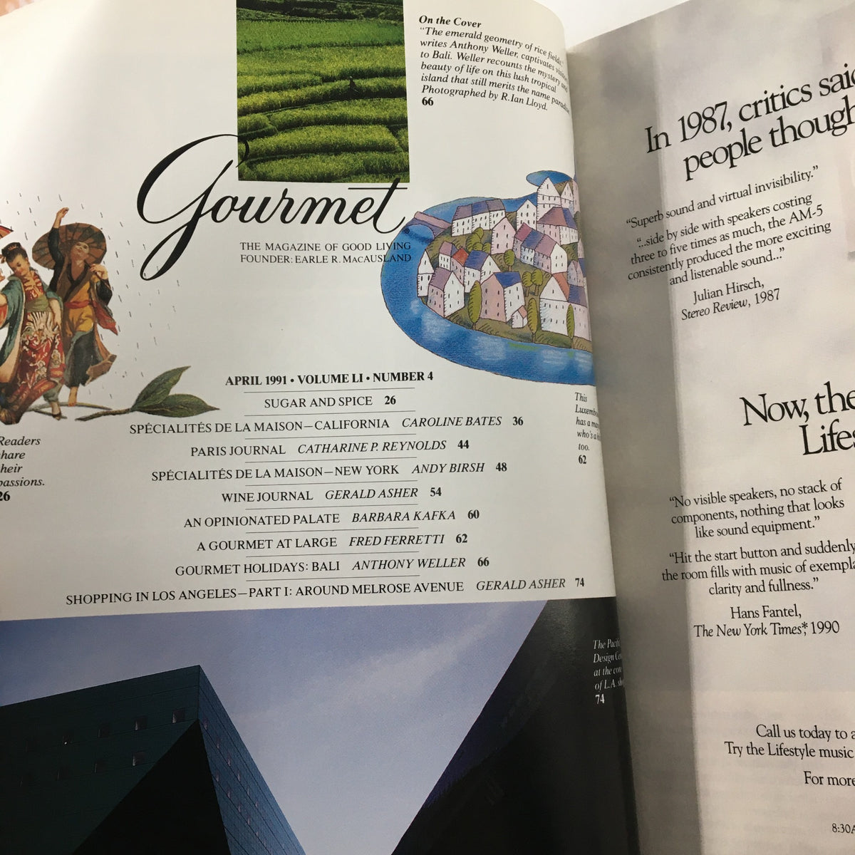Inside page of Gourmet Magazine April 1991 displaying the table of contents with articles and illustrations, highlighting 'The Emerald Geometry of Rice Fields' and other culinary topics.