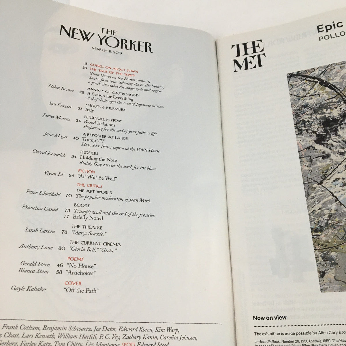 Inside page of The New Yorker March 11 2019 magazine displaying the table of contents, featuring articles and the 'Off The Beaten Path' piece by Gayle Kabaker.