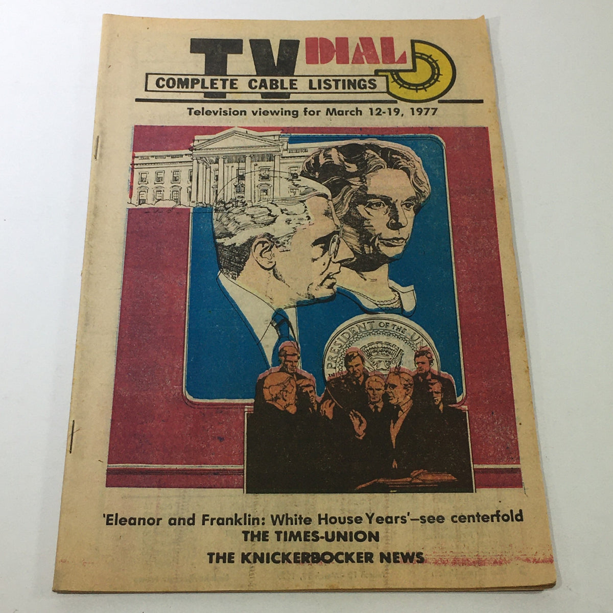 Vintage TV Dial with complete cable listings from March 12-19, 1977, featuring the mini-series 'Eleanor and Franklin' and iconic graphics representing television history.