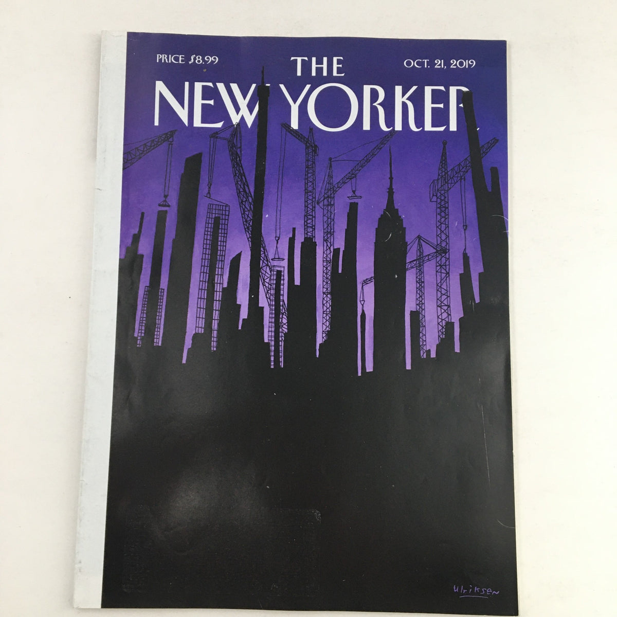 The New Yorker October 21 2019 Full Magazine Theme Cover by Mark Ulriksen featuring striking skyline artwork and a vibrant purple background, encapsulating contemporary themes.