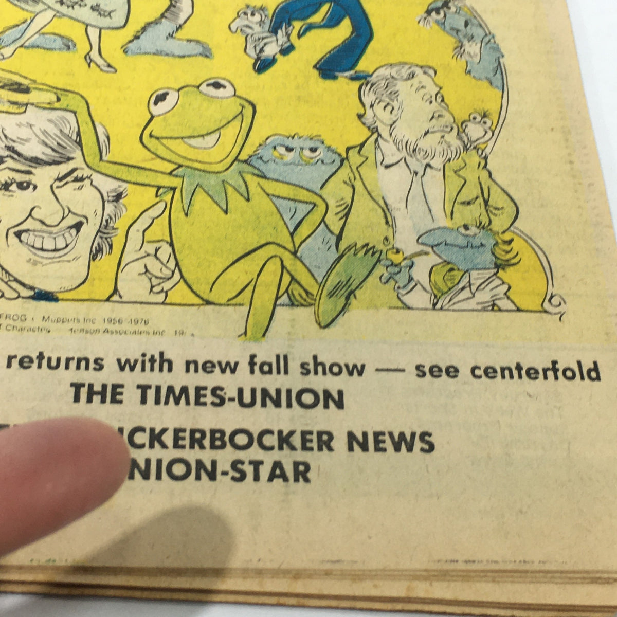 Illustration from VTG TV Dial Complete Cable Listings August 14-21 1976 featuring Kermit the Frog and other Muppets characters, promoting the new fall show.
