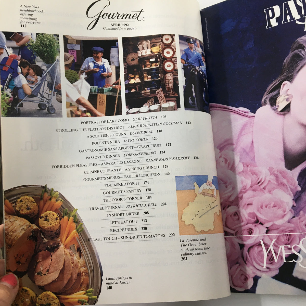 Table of contents page from Gourmet Magazine April 1992, listing articles including 'The Last Touch: Sun-Dried Tomatoes' and various culinary topics.