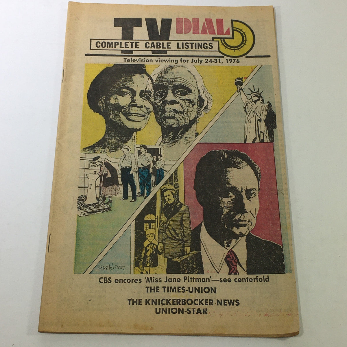 VTG TV Dial Complete Cable Listings for July 24-31, 1976 featuring 'Miss Jane Pittman' on CBS, showcasing colorful cover art including illustrations of notable figures and scenes.