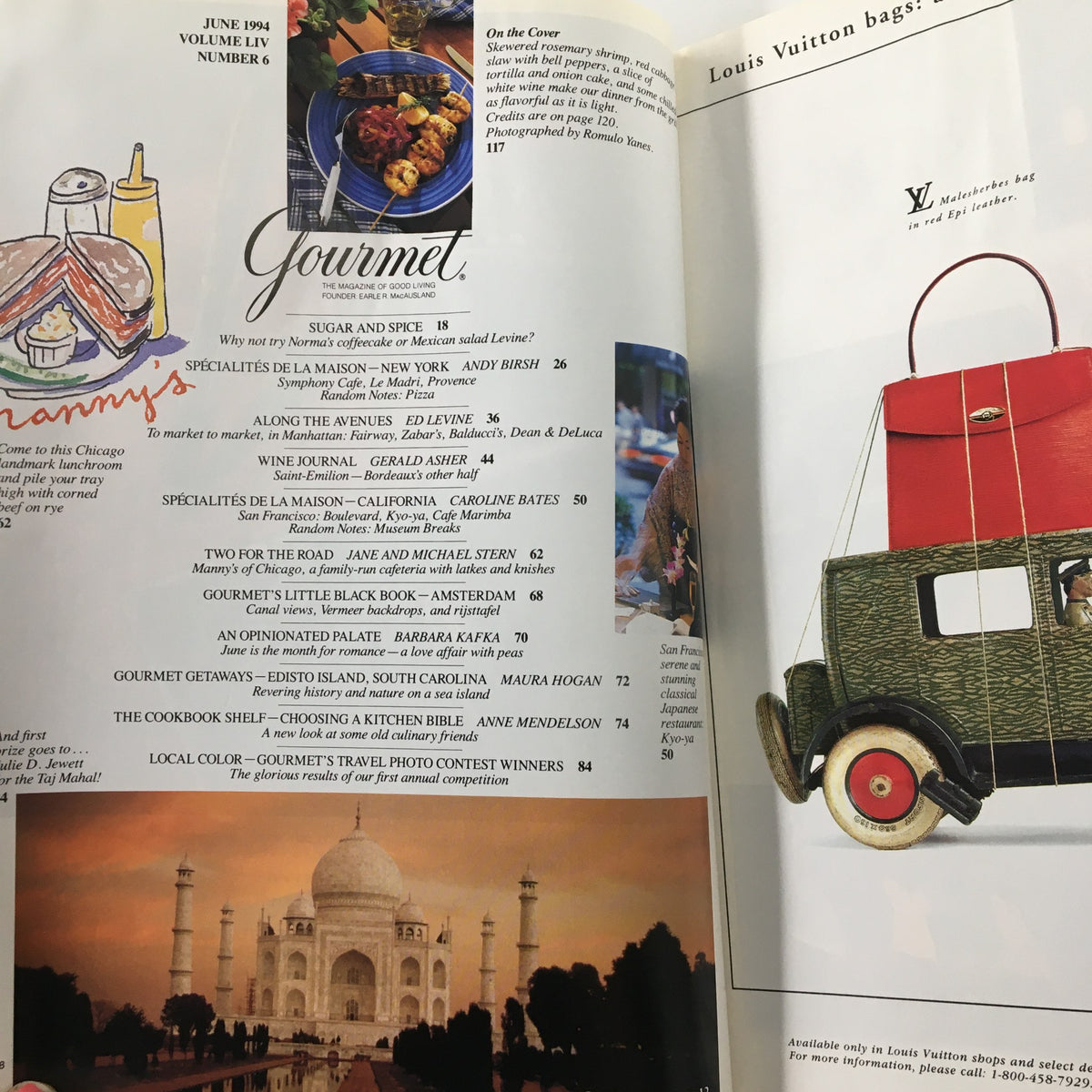 Interior page of Gourmet Magazine June 1994 displaying a table of contents. Features various articles and highlights, including the Local Color Travel Photo Contest winners.