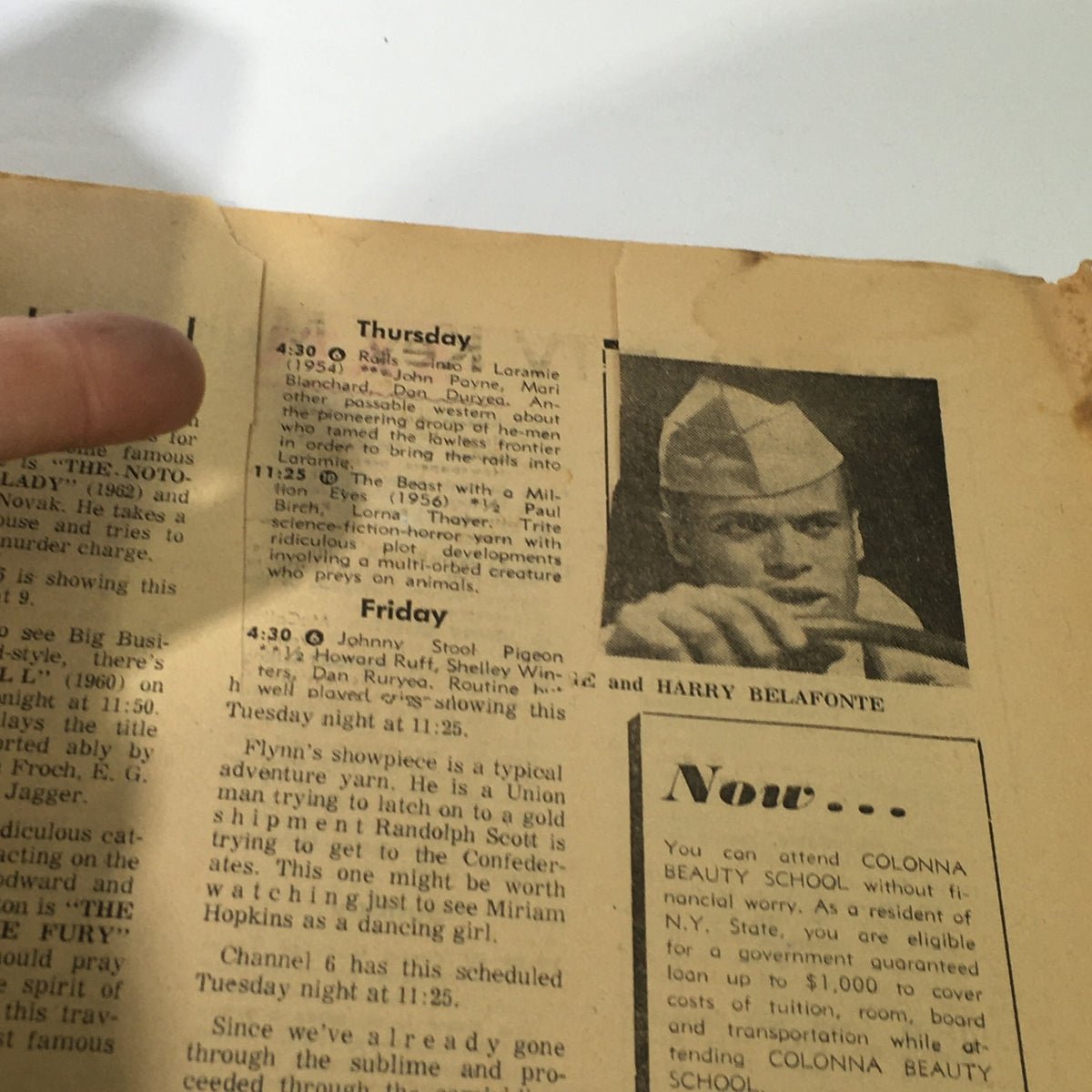 Inside page of the VTG TV Week magazine displaying television program listings for Thursday and Friday, including an image of Harry Belafonte.
