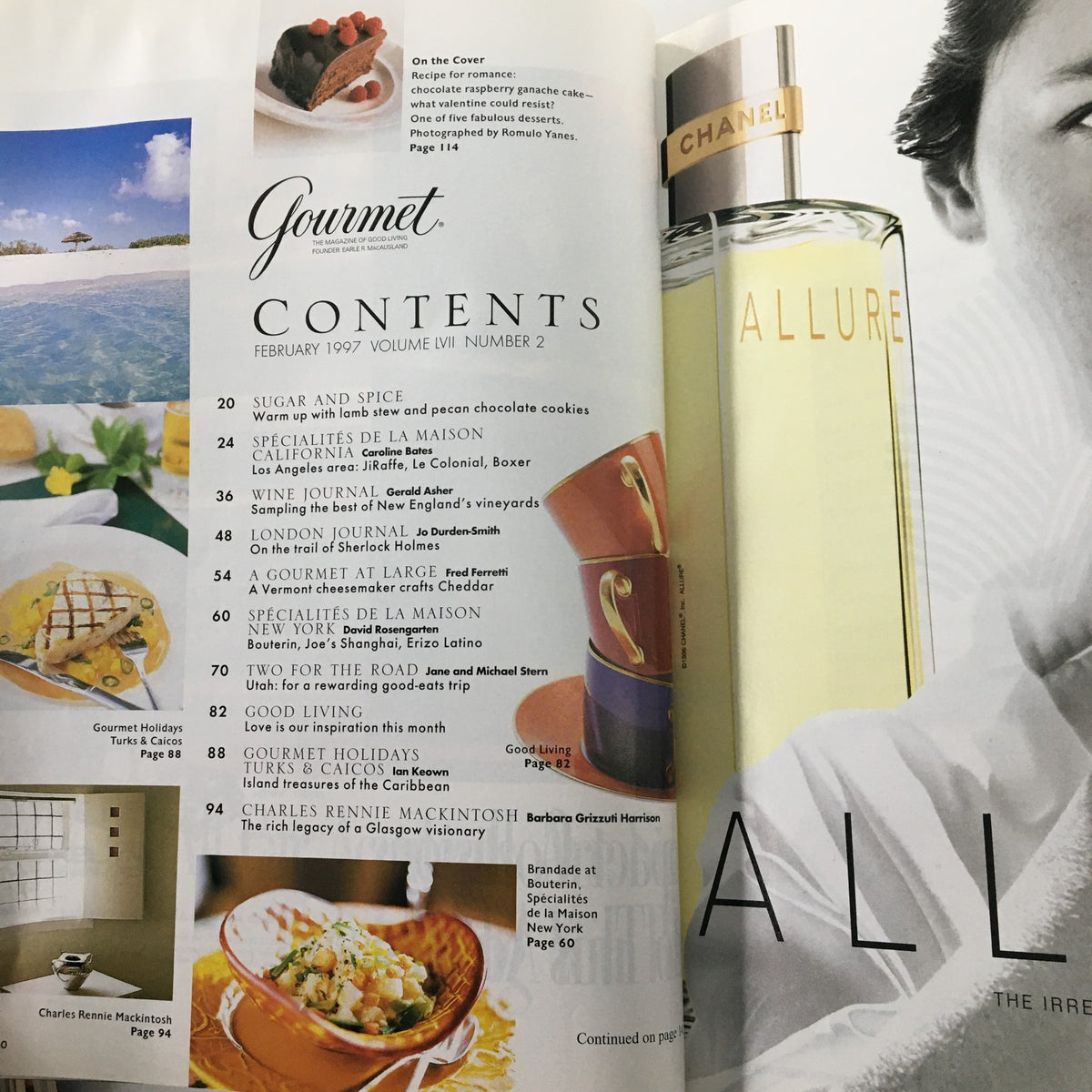 Contents page of Gourmet Magazine February 1997, listing features including the Chocolate Raspberry Ganache Cake recipe, highlighting the magazine's culinary offerings and vintage appeal.