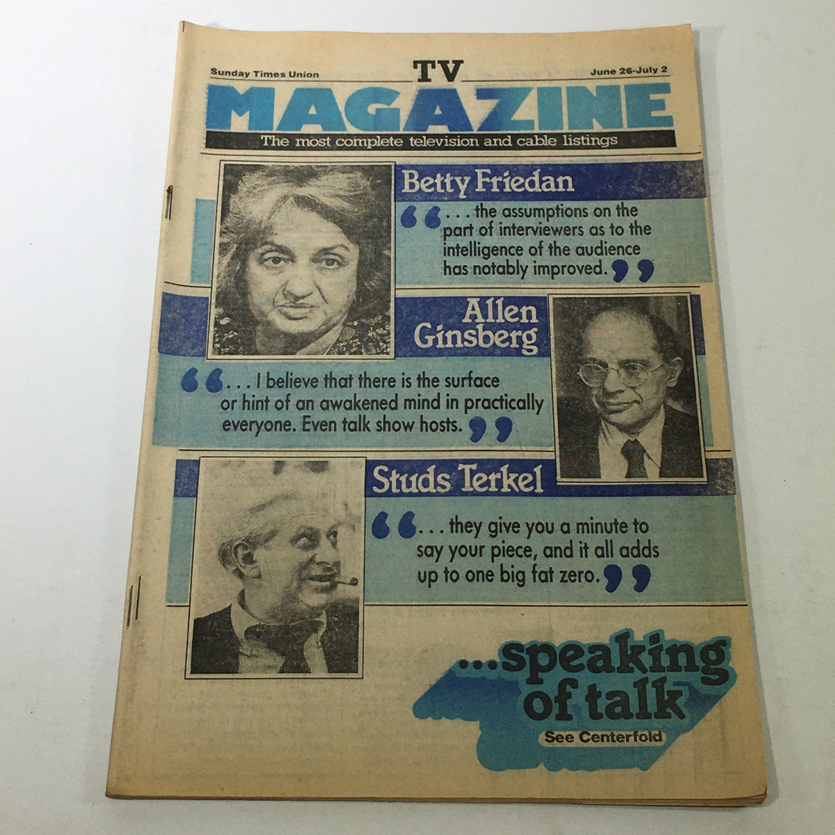 Cover of VTG TV Magazine from June 26 to July 2, 1983 featuring notable figures Betty Friedan, Allen Ginsberg, and Studs Terkel with quotes discussing media and social issues.