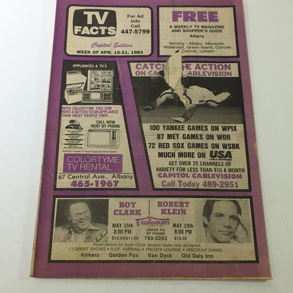 Front cover of TV Facts Magazine and Shopper's Guide from April 15-21, 1984 featuring Roy Clark and Robert Klein, highlighting TV listings and advertisements.