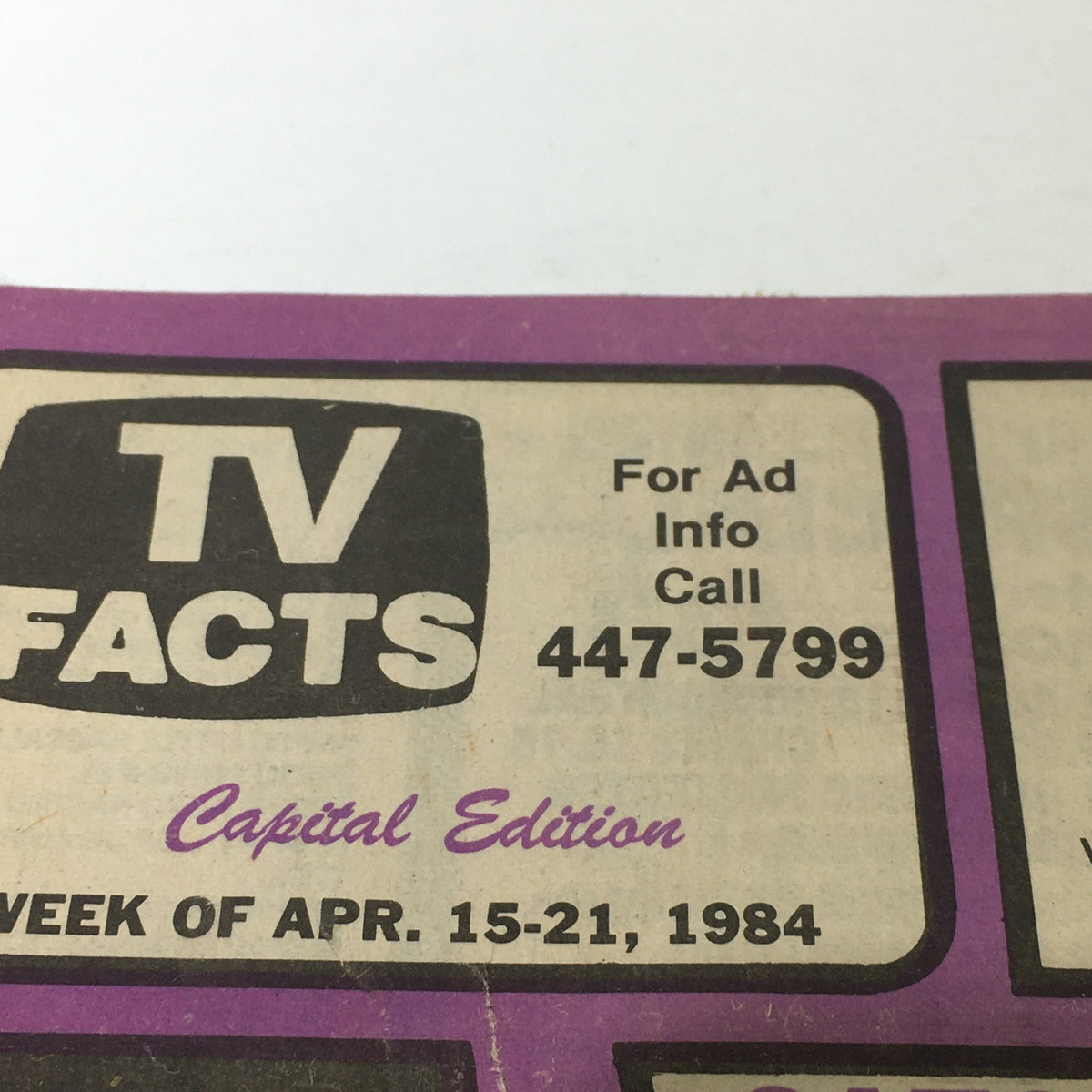 Close-up of the title section of TV Facts Magazine from April 15-21, 1984, featuring the magazine's name and ad call information.