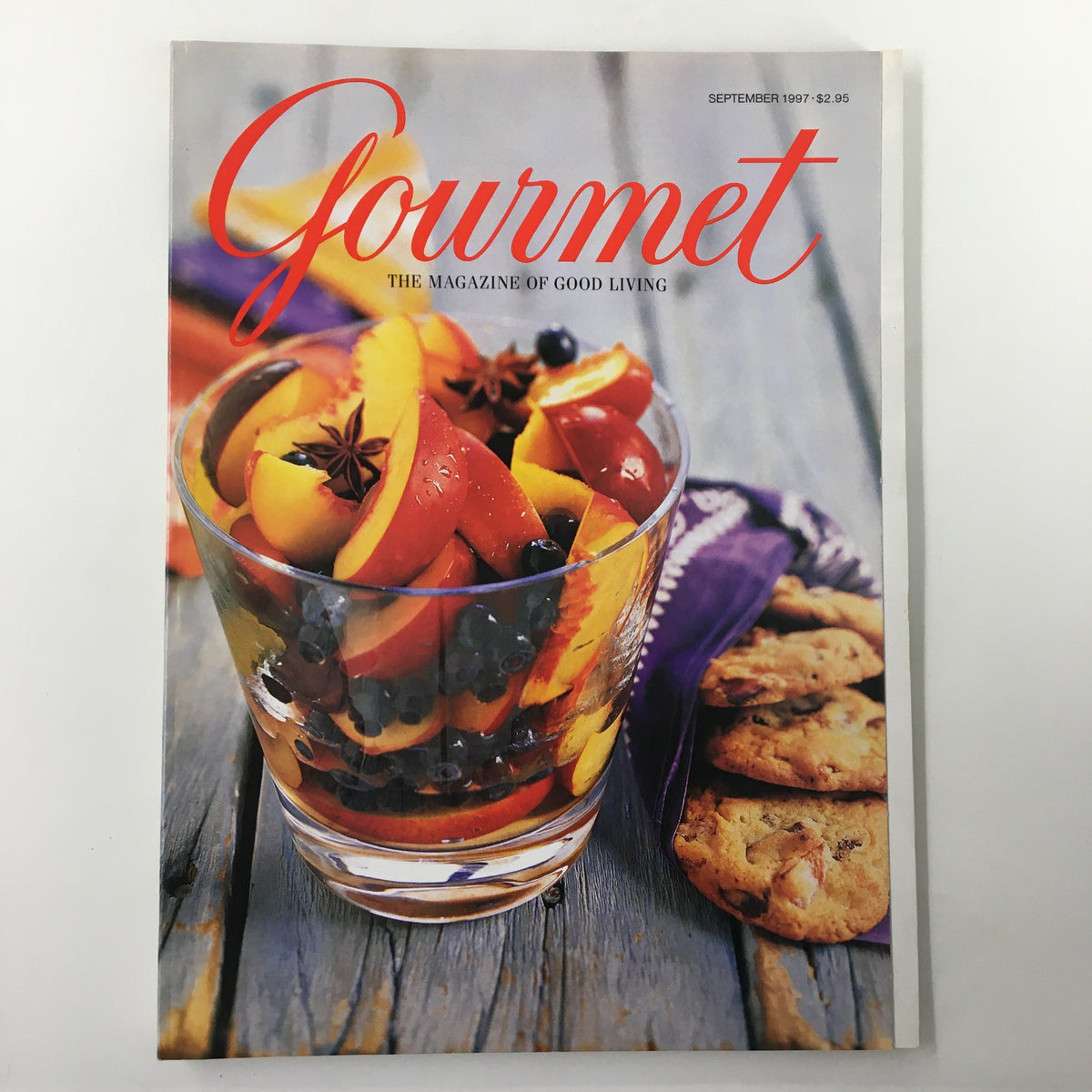 Cover of Gourmet Magazine September 1997 featuring a vibrant fruit salad in a glass bowl, showcasing the culinary delights of Scotland's Inner Hebrides.