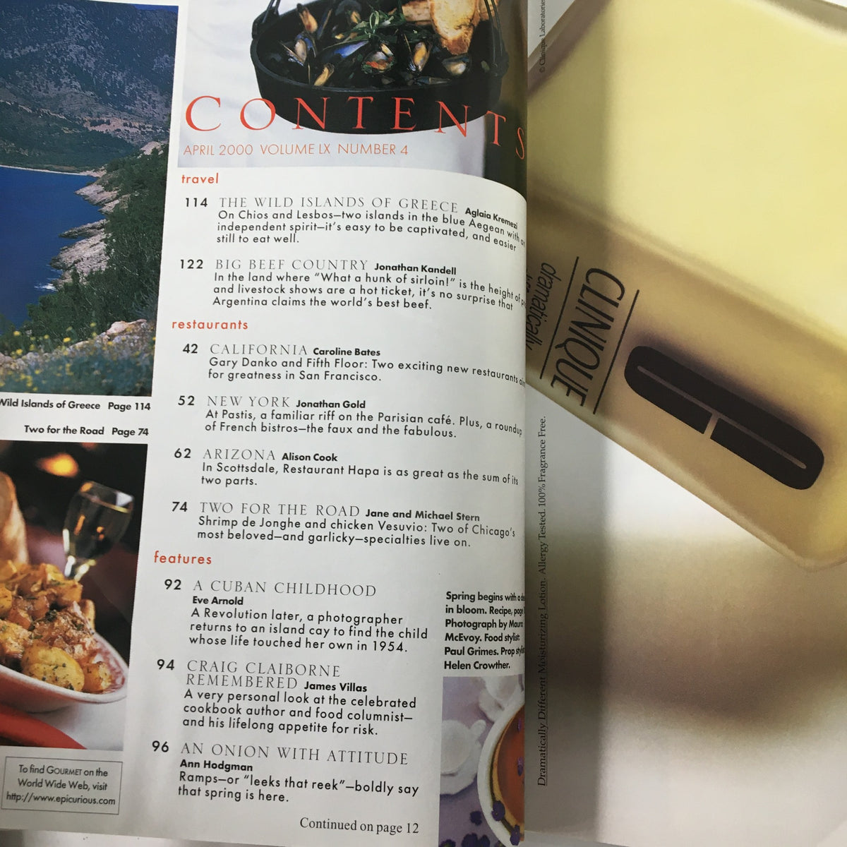 Contents page of Gourmet Magazine April 2000, highlighting features on the Wild Islands of Greece including Chios and Lesbos.