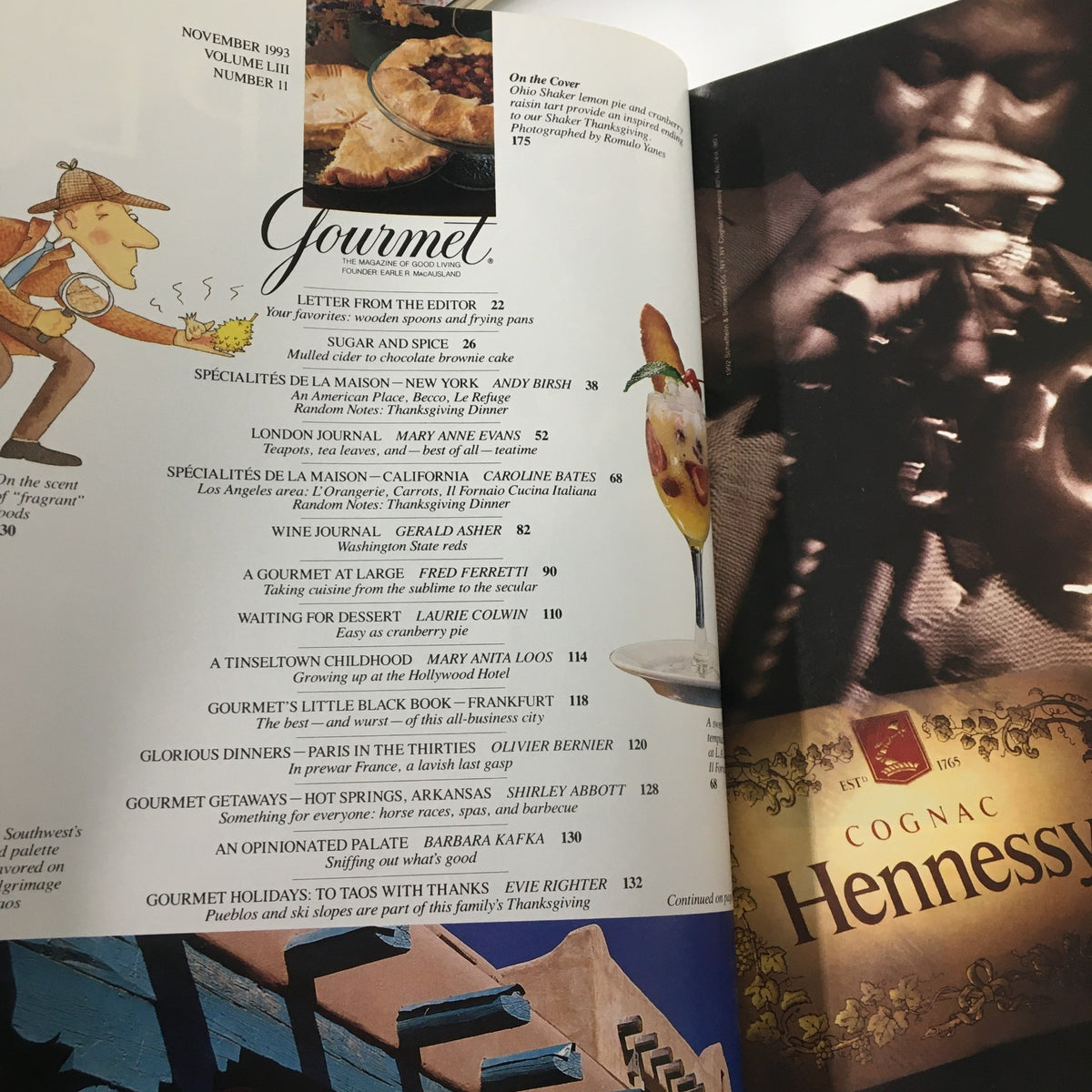 Interior page of Gourmet Magazine November 1993 displaying table of contents with various culinary articles and illustrations.