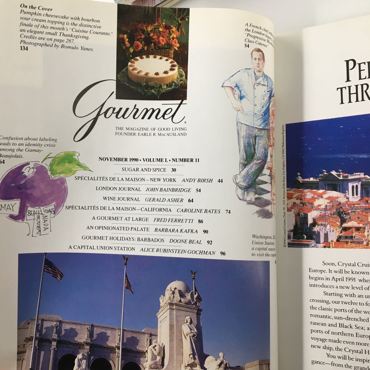 Interior page of Gourmet Magazine November 1990 showcasing the contents with a focus on Pumpkin Cheesecake, emphasizing its culinary significance and vintage charm.