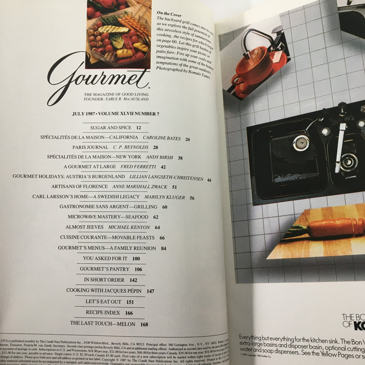 Inside page of VTG Gourmet Magazine July 1987 showcasing the contents of the issue, highlighting articles about gourmet cooking, family meals, and entertaining tips.