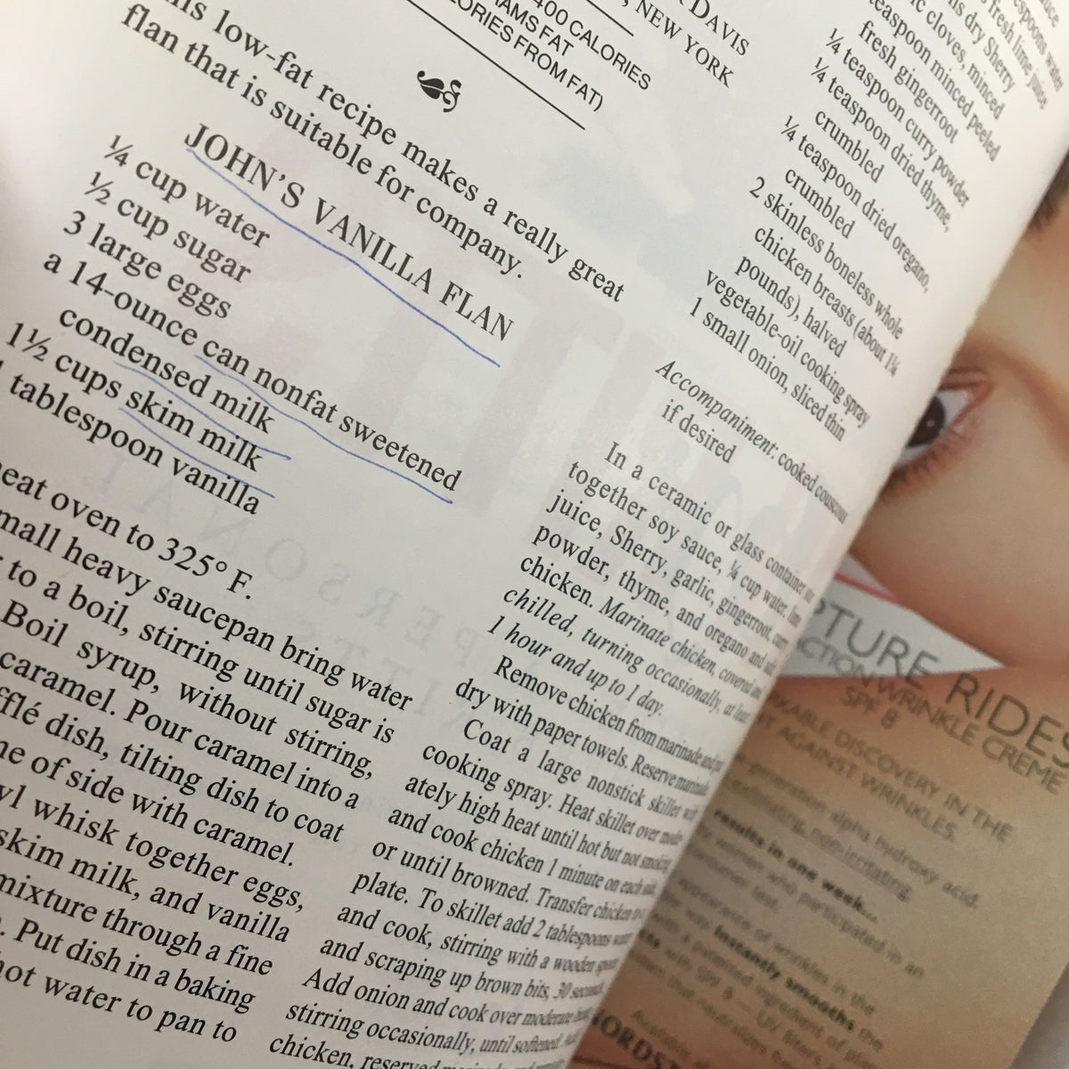 Gourmet Magazine May 1996 featuring an article on John's Vanilla Flan recipe, highlighting ingredients such as sugar, eggs, and nonfat sweetened condensed milk, along with cooking instructions.