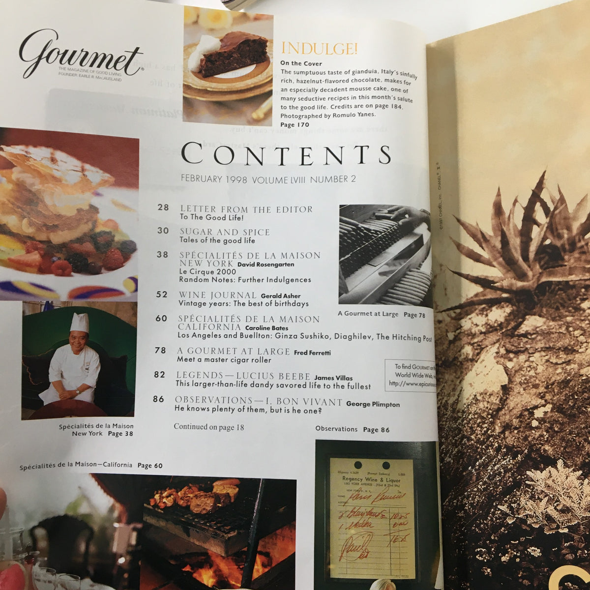 Contents page of Gourmet Magazine February 1998 listing articles including 'A Gourmet at Large' and 'Meet a Master Cigar Roller', highlighting the magazine's focus on gourmet food and lifestyle.