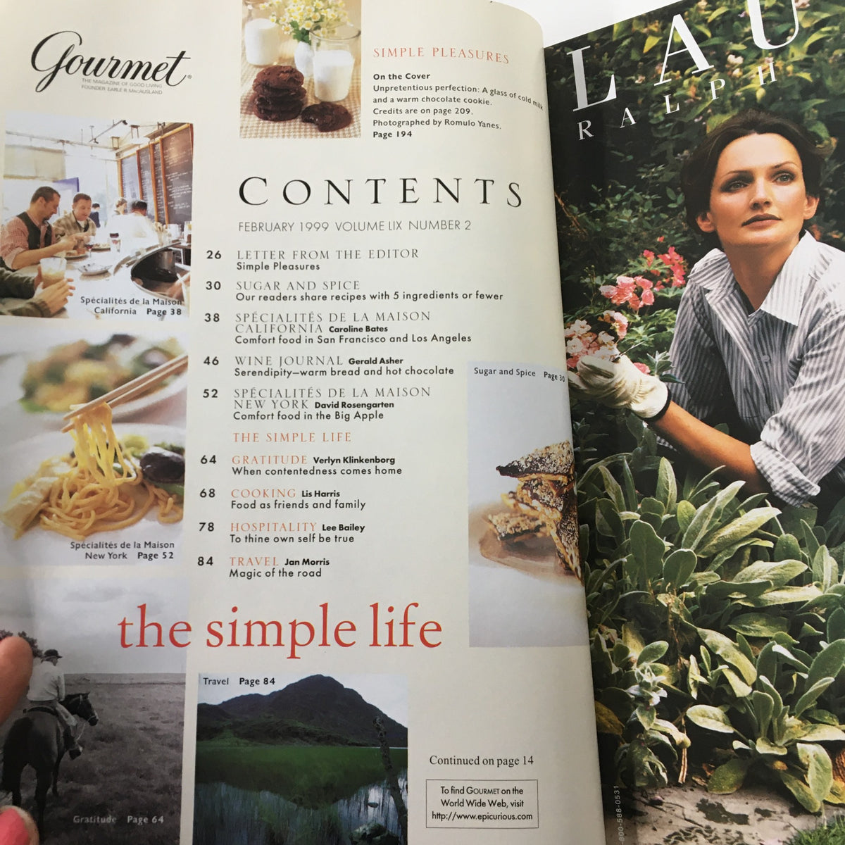 Contents page of Gourmet Magazine February 1999, featuring articles on simple pleasures, cooking, and travel. Highlights include a glass of cold milk and a warm chocolate cookie. The layout showcases recipes and lifestyle features, appealing to food enthusiasts.