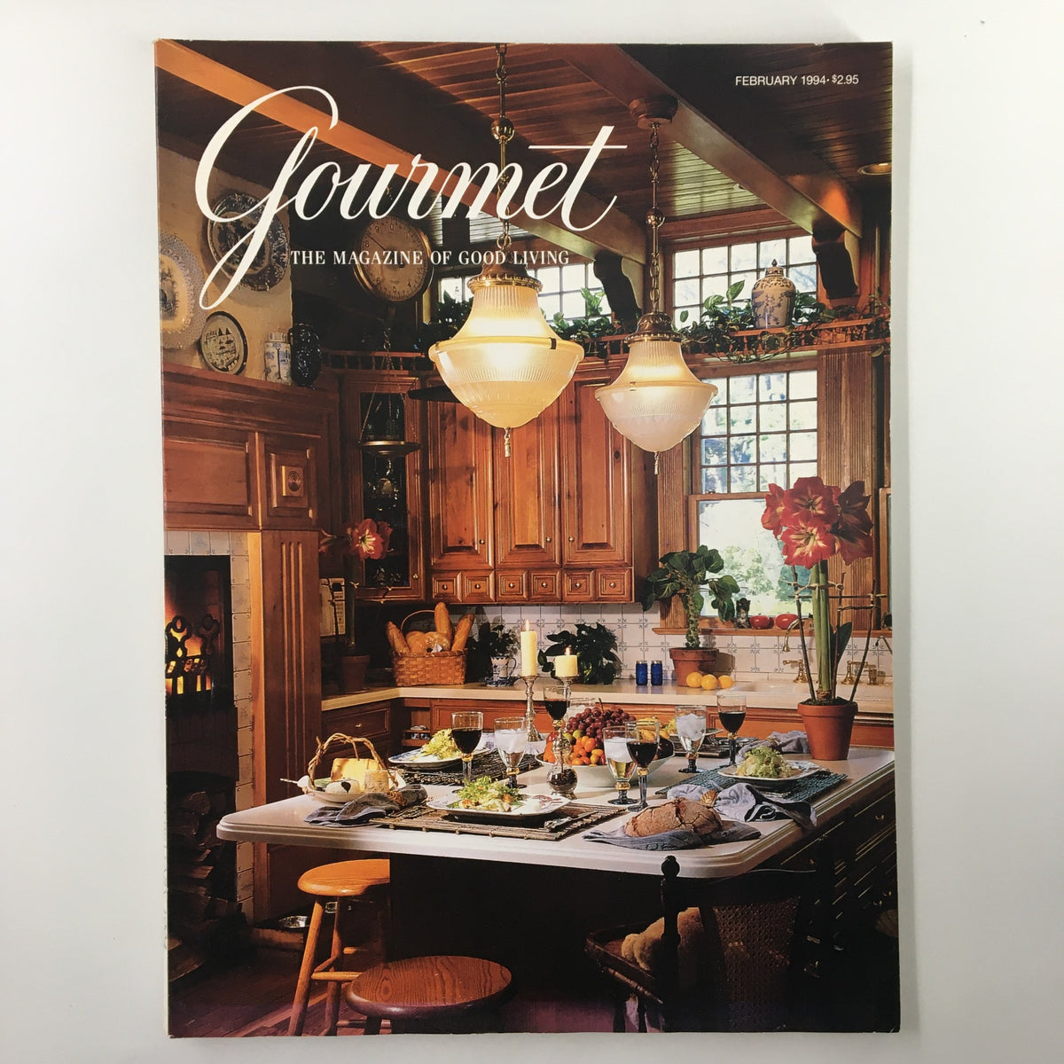 Cover of Gourmet Magazine, February 1994, featuring an elegant kitchen scene with a beautifully set dining table showcasing gourmet dishes and decor. The title reads 'Gourmet - The Magazine of Good Living'.