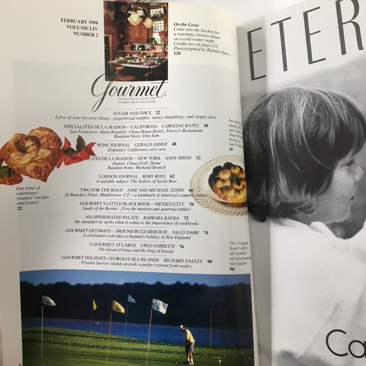 Gourmet Magazine February 1994 cover featuring a cozy kitchen scene, highlighting a warming chicken dinner and gingerbread muffins, with a table set for a meal, showcasing culinary delights and the magazine's brand.