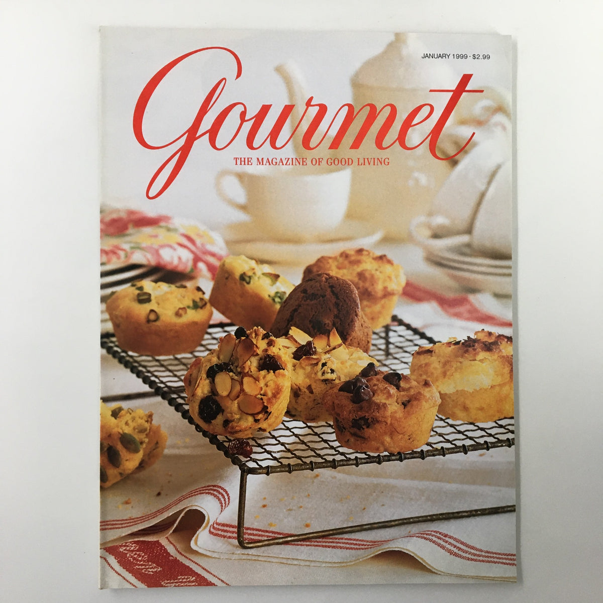 Gourmet Magazine January 1999 cover featuring a variety of muffins displayed on a wire rack, showcasing breakfast culinary trends.