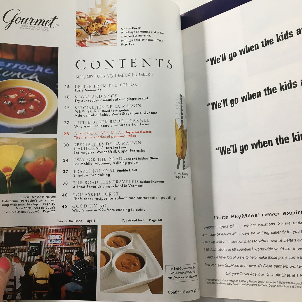 Contents page of Gourmet Magazine January 1999, highlighting articles and features along with a delicious photograph of a meal.