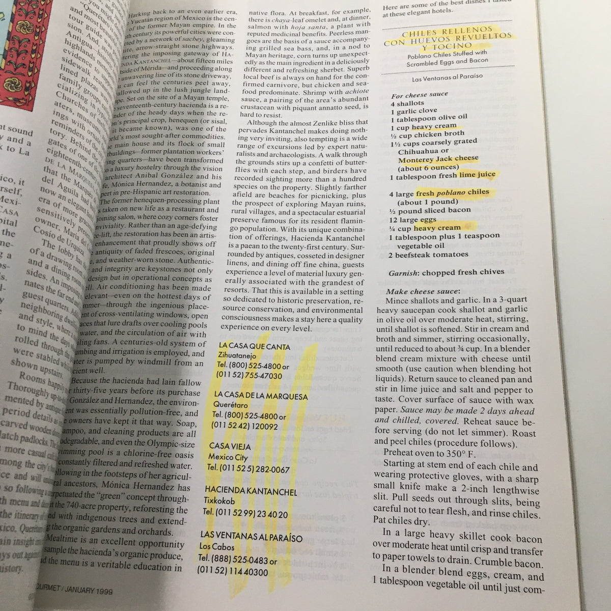 Recipe page from Gourmet Magazine January 1999, detailing instructions for making stuffed poblano chiles with eggs and a fresh lime juice sauce.