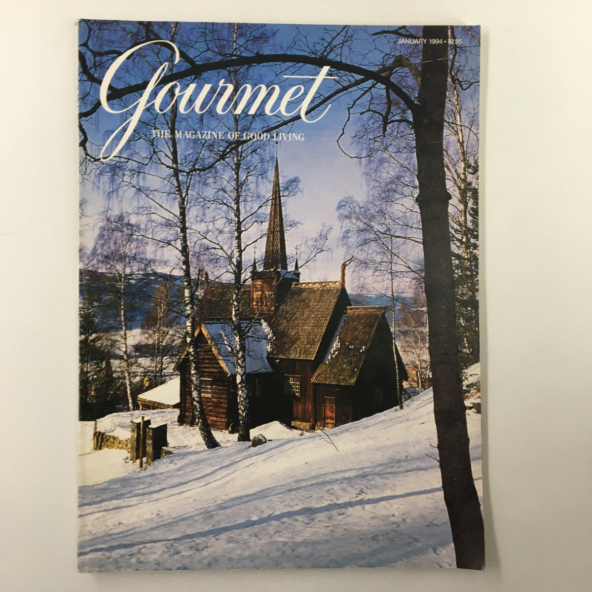 Gourmet Magazine January 1994 cover featuring a snowy landscape in Lillehammer, Norway, with a traditional building and trees.