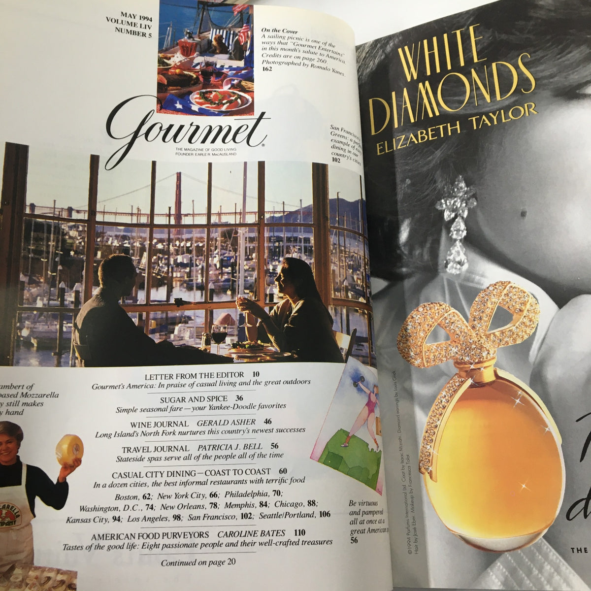 Interior page of Gourmet Magazine May 1994 displaying the table of contents, highlighting articles on simple seasonal fare and a dining culture feature, accompanied by a scenic view of diners.