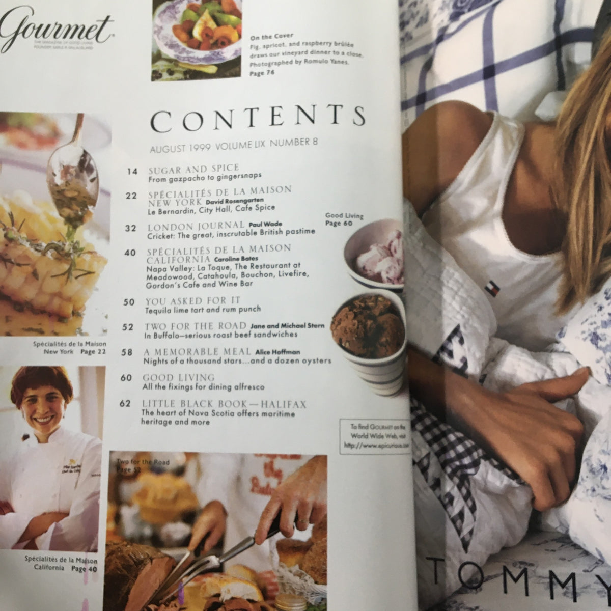 Contents page of Gourmet Magazine August 1999, detailing articles including 'Sugar and Spice', 'Specialités de la Maison', and featuring Alice Hoffman. The layout features food photography and gastronomical topics.