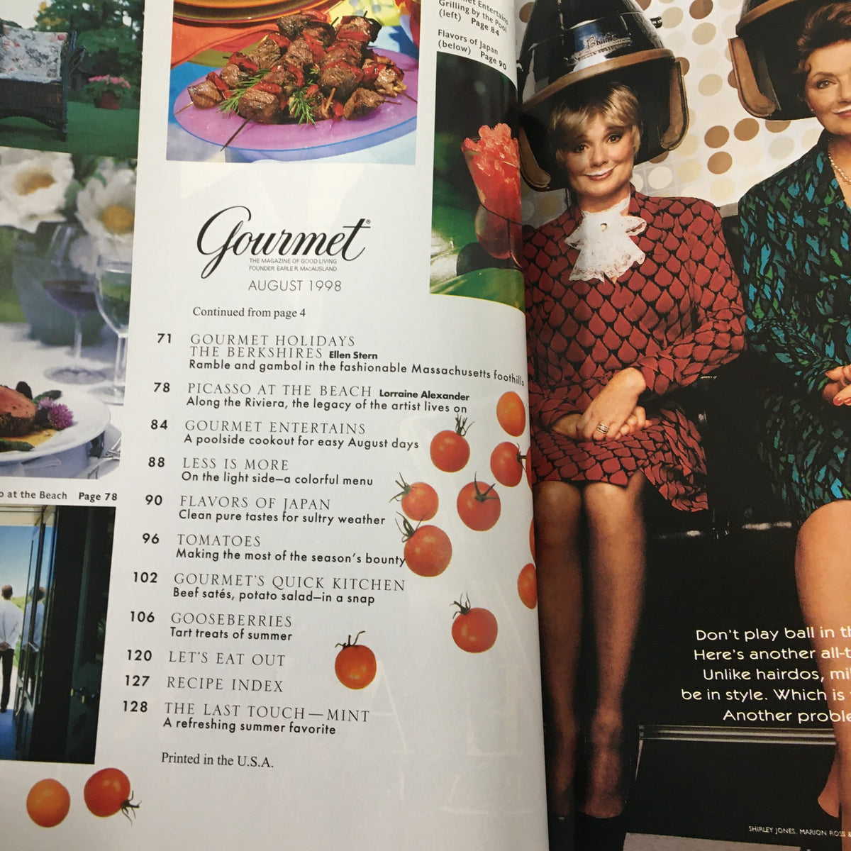 Interior page of Gourmet Magazine August 1998, showcasing article titles including 'Gourmet Entertains', 'Flavors of Japan', and 'The Last Touch-Mint: A Refreshing Summer Favorite'.