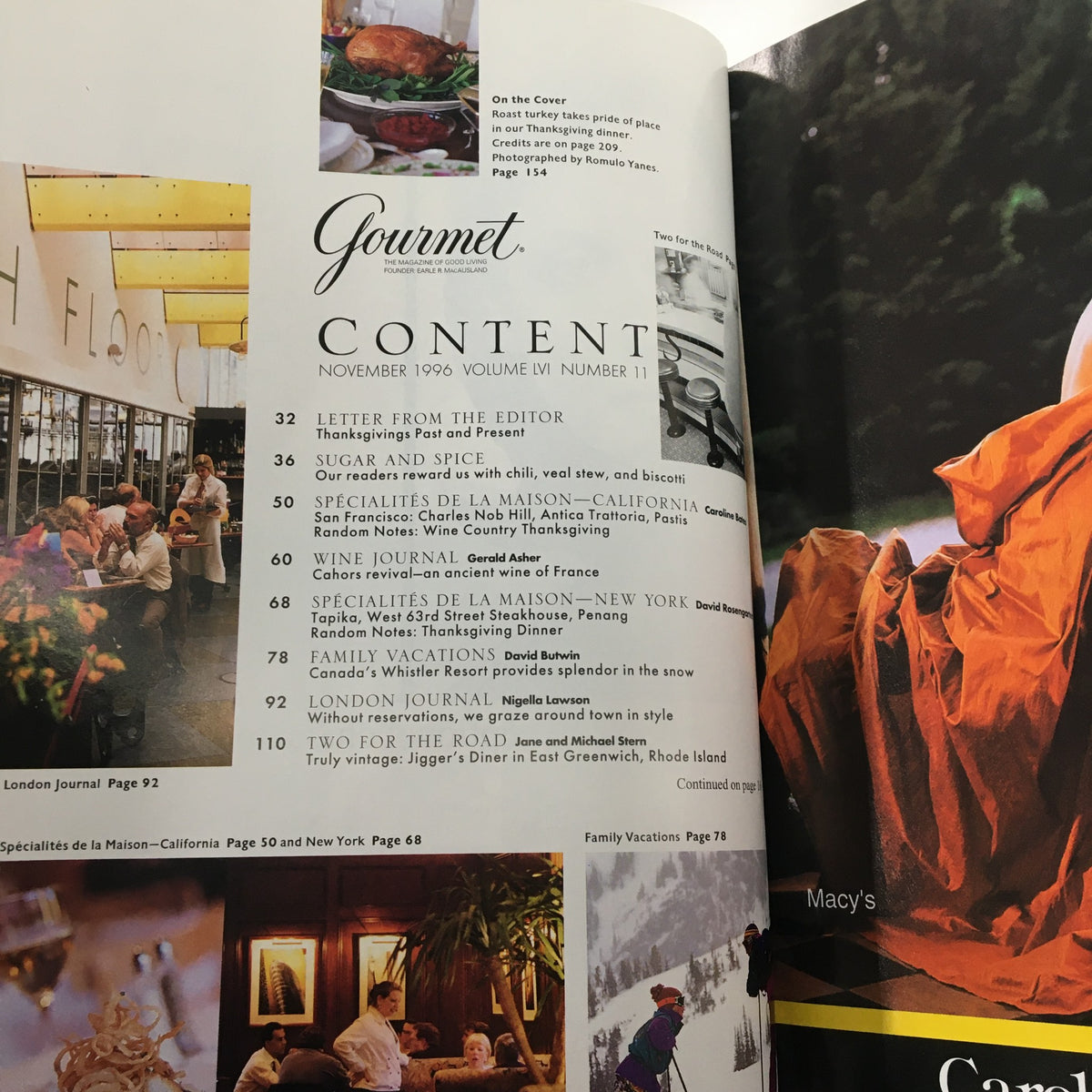 Content page from Gourmet Magazine November 1996 showcasing the table of contents, featuring articles and recipes, including Thanksgiving-themed sections.