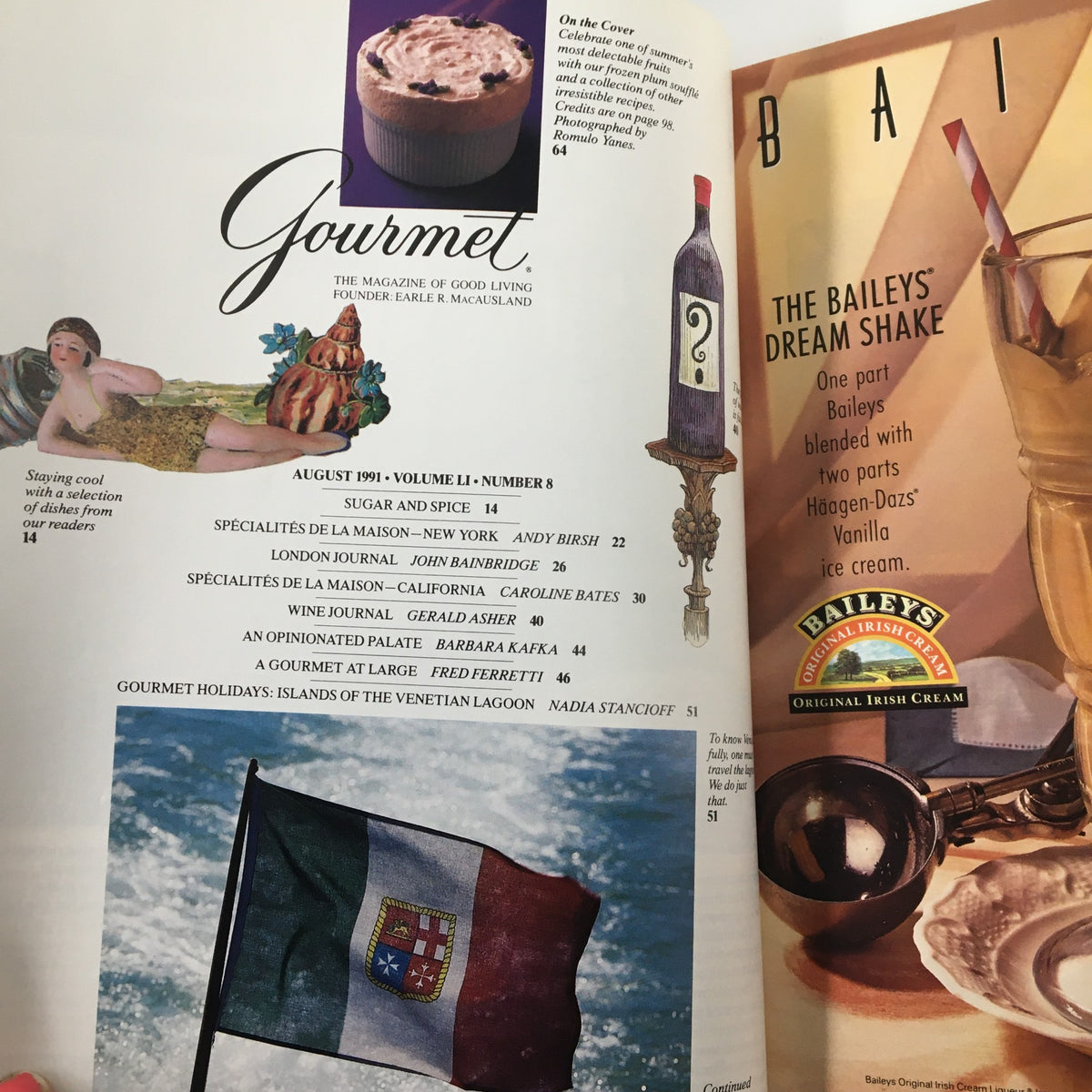 Inside page of Gourmet Magazine August 1991 displaying the table of contents, highlighting the feature 'Gourmet Holidays: Islands of the Venetian Lagoon'.