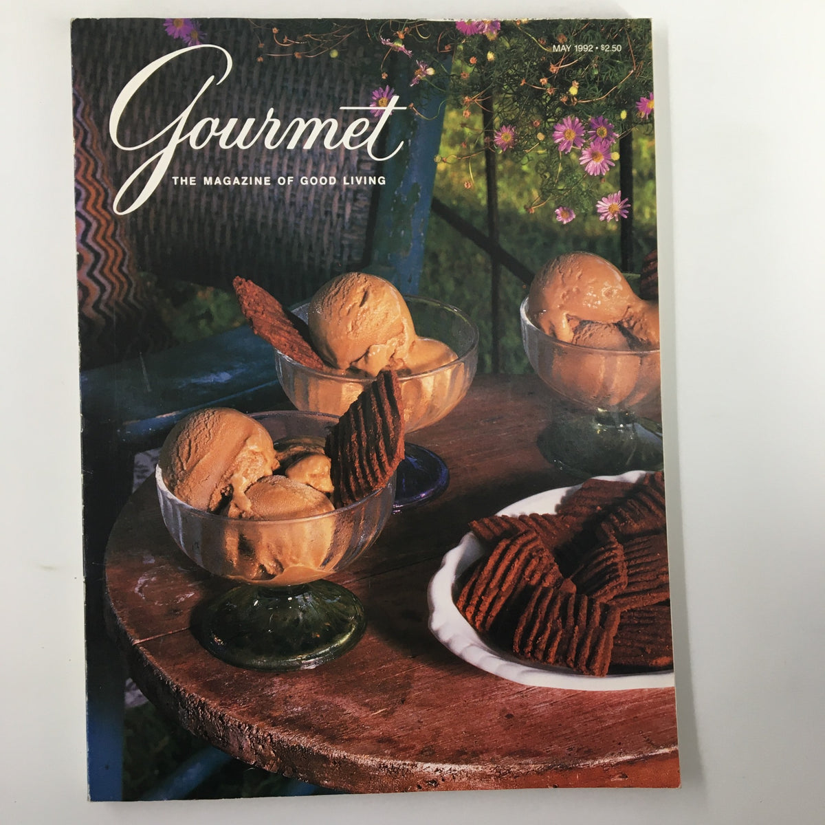Cover of Gourmet Magazine May 1992 featuring ice cream and cookies, titled 'The Case of The Mysterious Flatbread'.