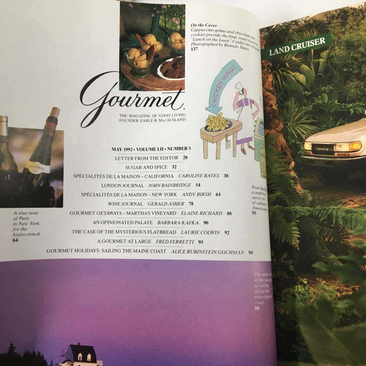 Cover page of Gourmet Magazine May 1992 featuring an illustration with food items including gelato, chocolate cookies, and a whimsical drawing of a person serving chicken wings. The magazine highlights the article 'The Case of The Mysterious Flatbread' and lists various contributors, emphasizing its vintage culinary content.