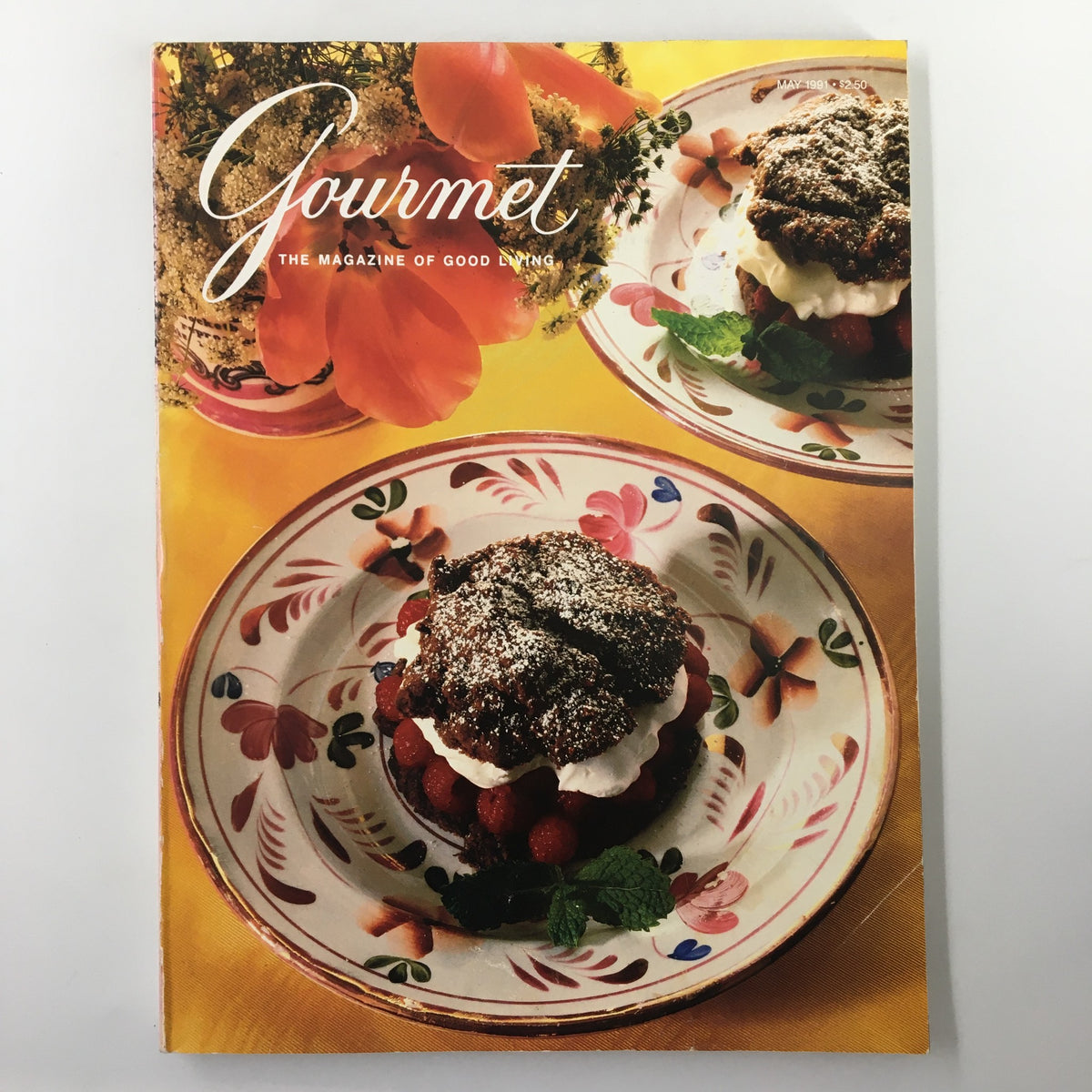 Cover of Gourmet Magazine May 1991 featuring beautifully presented dessert dishes, showcasing the theme of culinary artistry in Olana, a Hudson River Artist's Home.